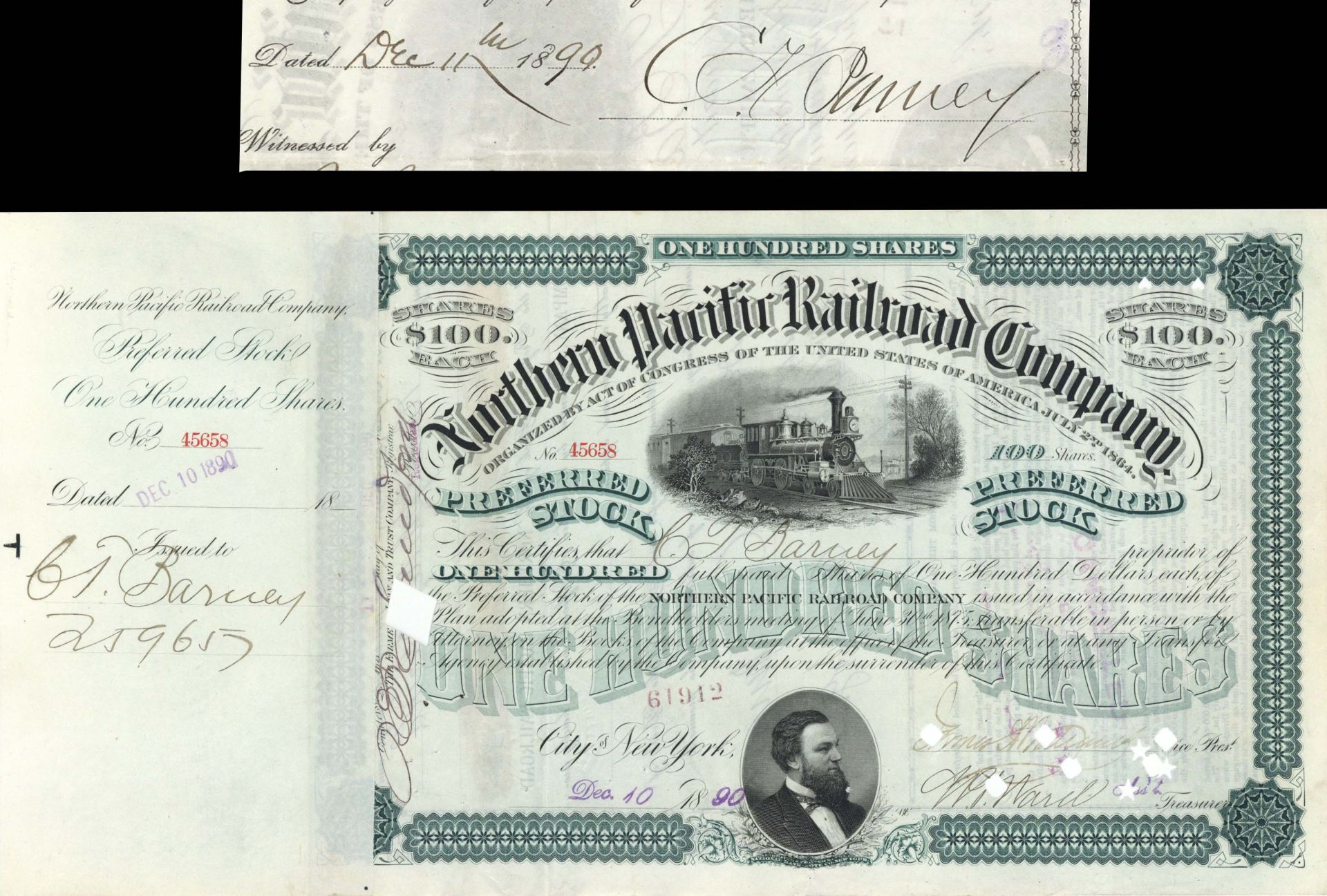 Northern Pacific Railroad Co. issued to and signed by C.T. Barney