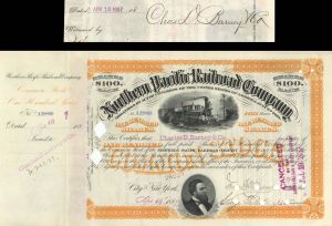 Northern Pacific Railroad Co. issued to and signed by Charles D. Barney and Co. - 1887 dated Autographed Stock Certificate