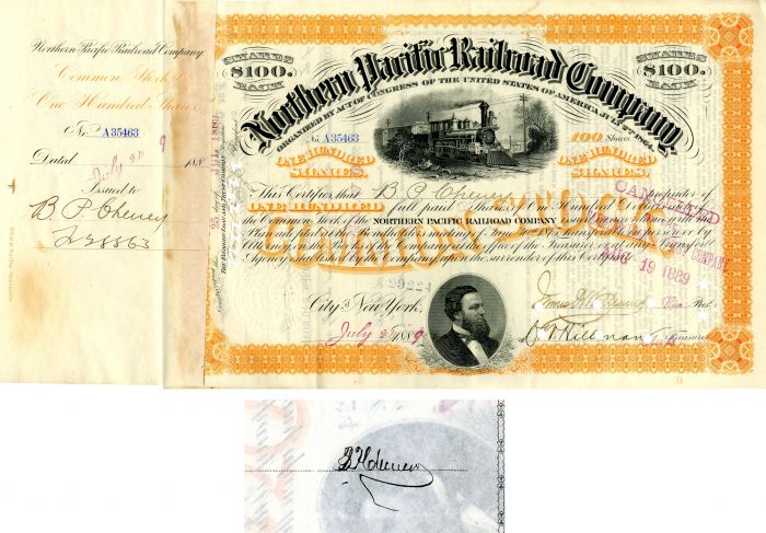 Northern Pacific Railroad Co. issued to and signed by B.P. Cheney