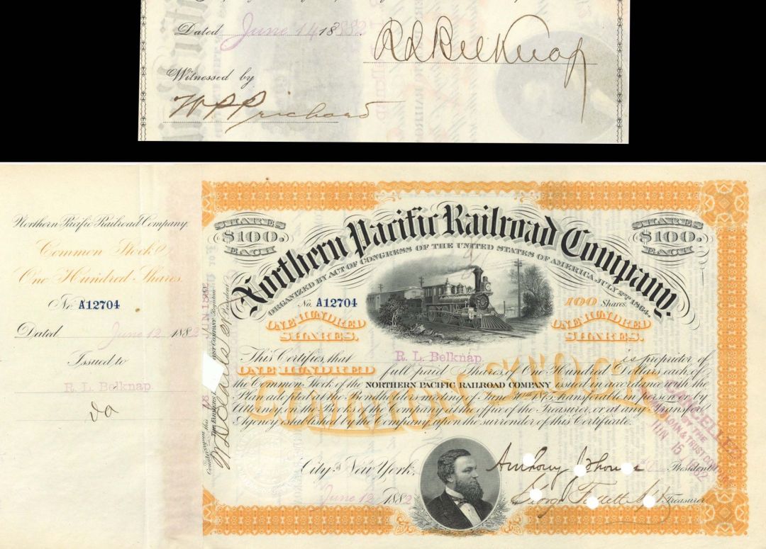 Northern Pacific Railroad Co. issued to and signed by R.L. Belknap - 1882 dated Autographed Stock Certificate