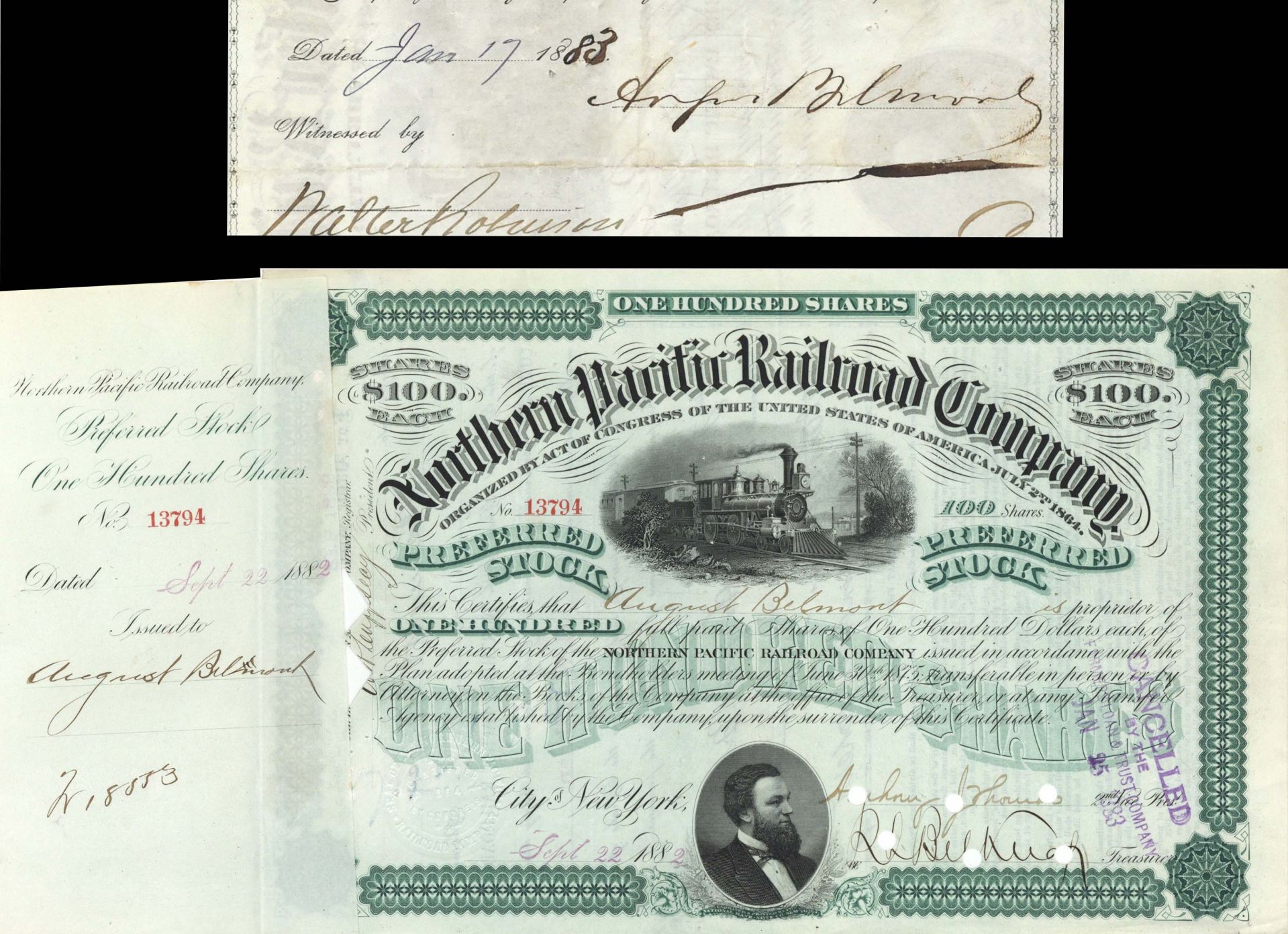 Northern Pacific Railroad Co. issued to and signed by August Belmont