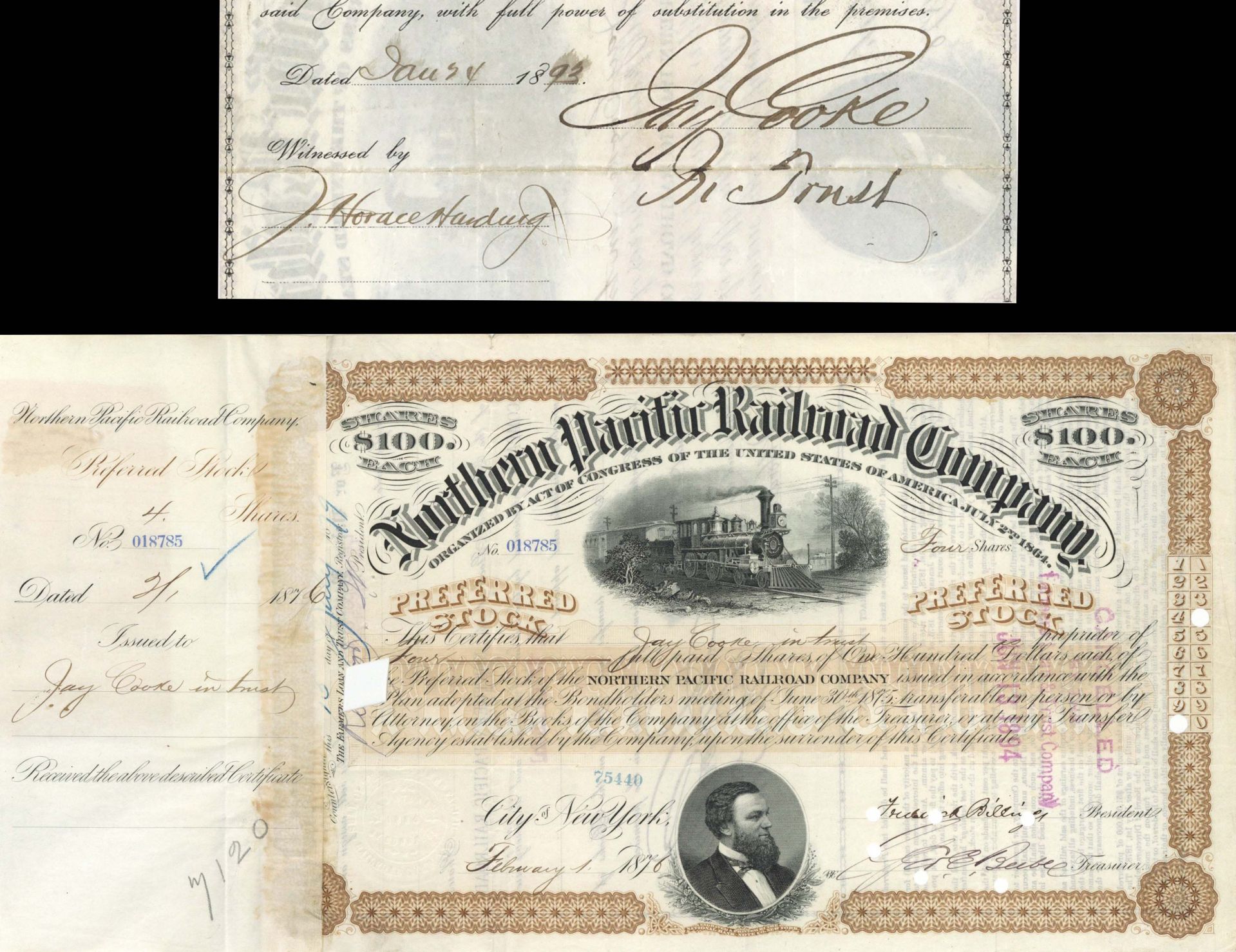 Northern Pacific Railroad Co. issued to and signed by Jay Cooke in trust - Stock Certificate