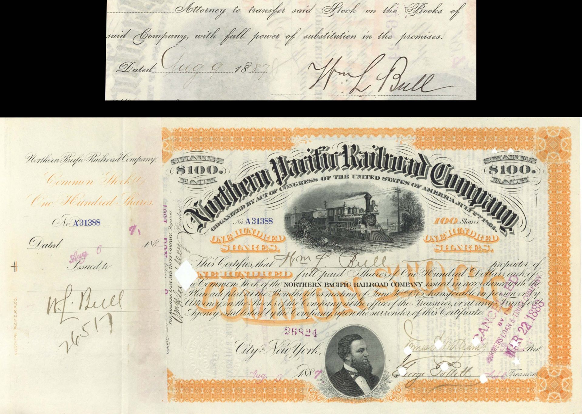 Northern Pacific Railroad Co. issued to and signed by Wm L. Bull