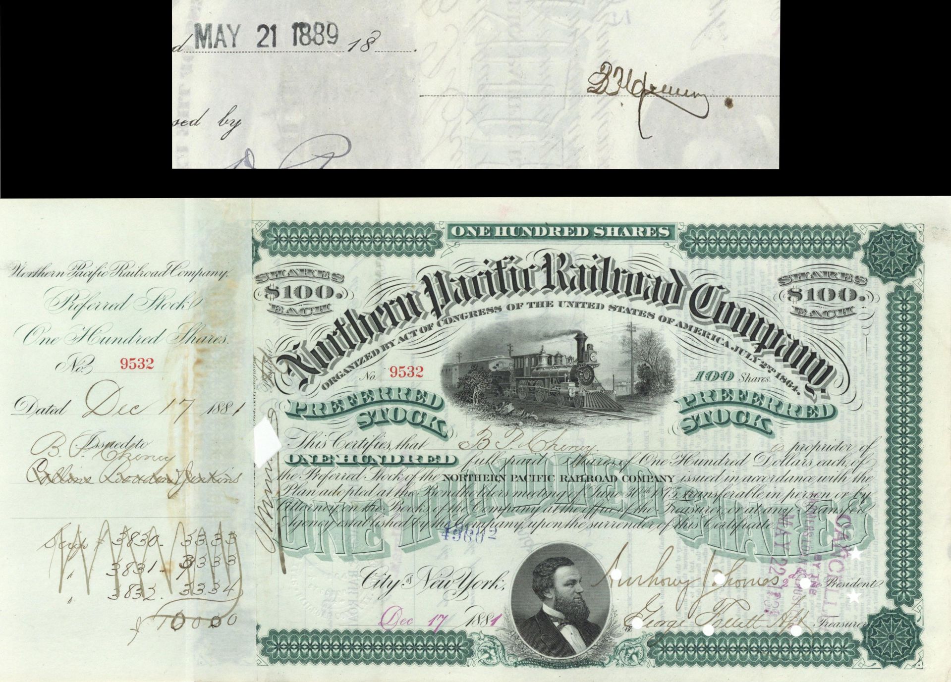 Northern Pacific Railroad Co. issued to and signed by B.P. Cheney