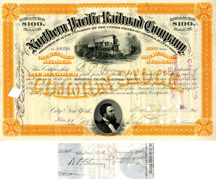 Northern Pacific Railroad Co. issued to B.P. Cheney and signed by his son