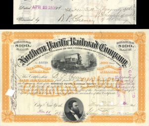 Northern Pacific Railroad Co. issued to B.P. Cheney and signed by his son - 1890 dated Autographed Stock Certificate