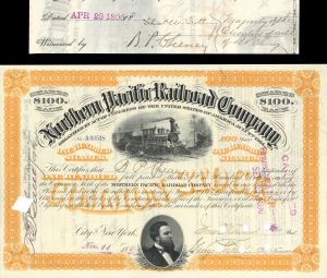 Northern Pacific Railroad Co. issued to B.P. Cheney and signed by his son