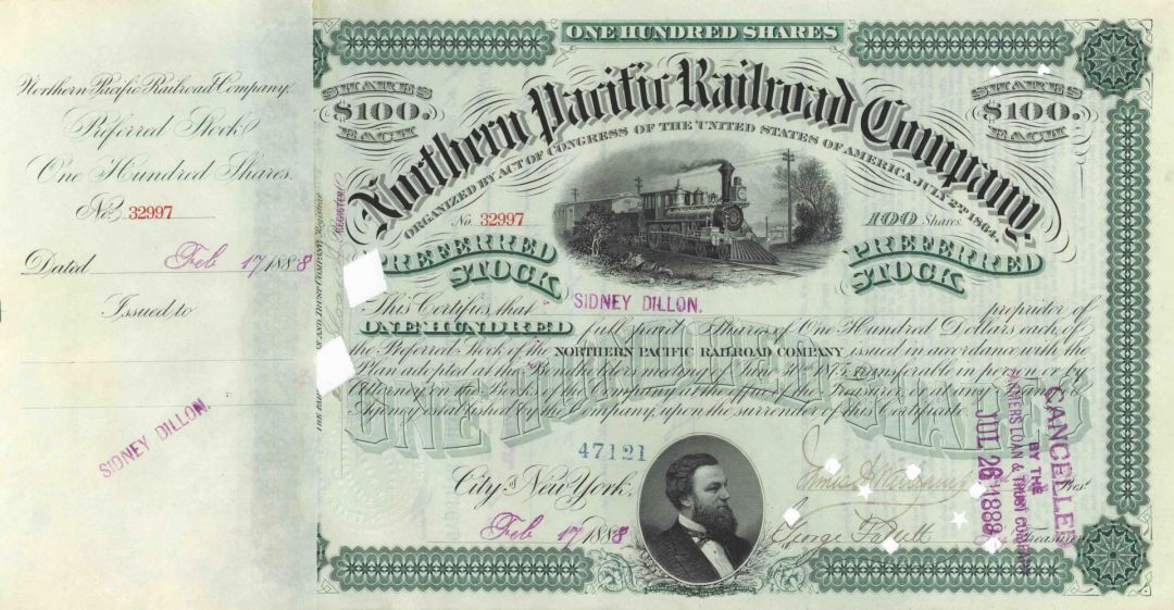 Northern Pacific Railroad Co. Issued to/Signed by Sidney Dillon - Autograph Stock Certificate