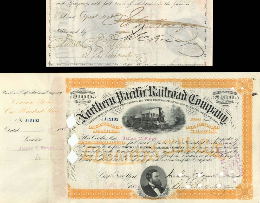Northern Pacific Railroad Co. issued to and signed by James C. Fargo - 1882 dated Autographed Stock Certificate