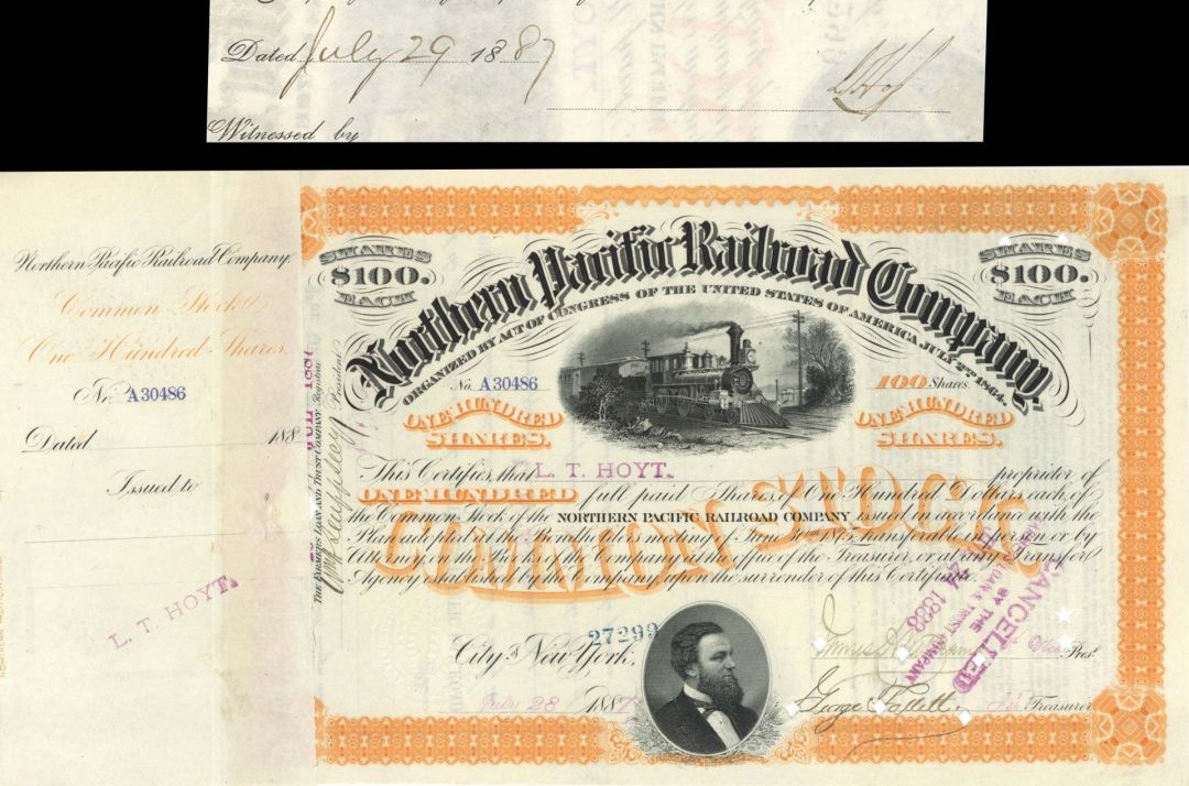 Northern Pacific Railroad Co. issued to and signed by L.T. Hoyt - 1887 dated Autographed Stock Certificate