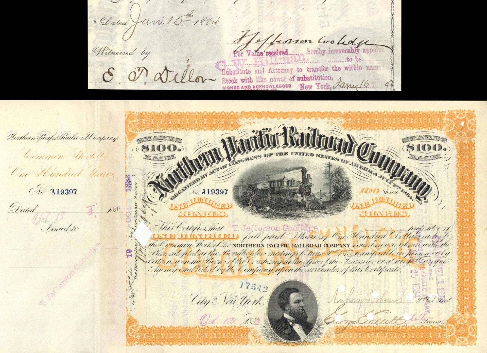 Northern Pacific Railroad Co. issued to and signed by T. Jefferson Coolidge