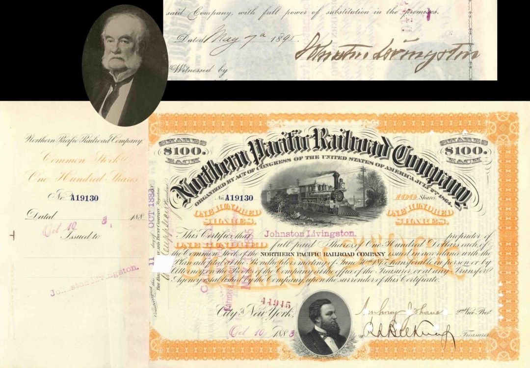 Northern Pacific Railroad Co. issued to and signed by Johnston Livingston - 1888 dated Autograph Stock Certificate