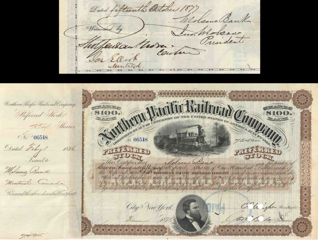 Northern Pacific Railroad Co. issued to Molsons Bank and signed by John Thomas Molson - 1876-77 dated Autographed Stock Certificate
