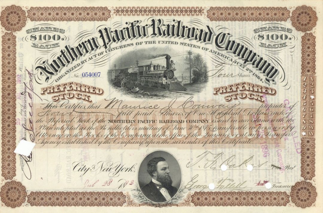Northern Pacific Railroad Co. issued to and signed by T. F. Oakes