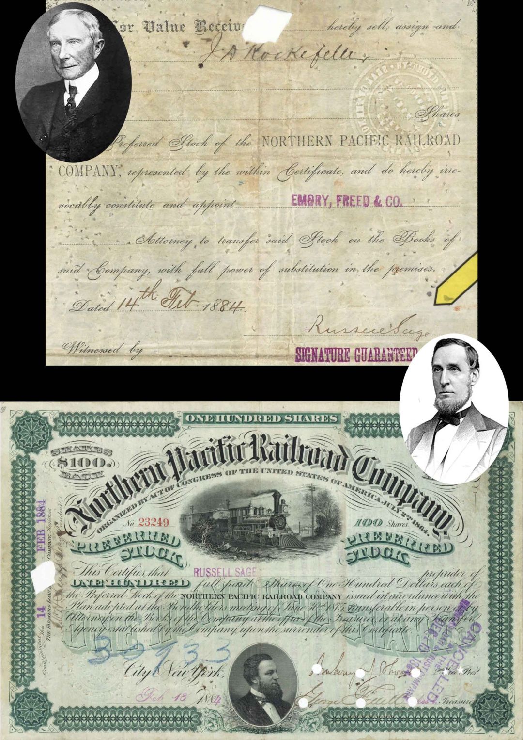 Northern Pacific Railroad Co. issued to and signed by Russell Sage and Transferred to J.D. Rockefeller - 1884 dated Autographed Stock Certificate