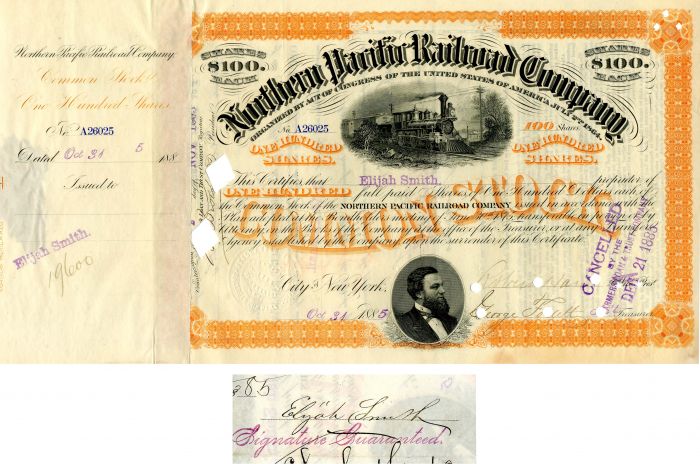 Northern Pacific Railroad Co. issued to and signed by Elijah Smith