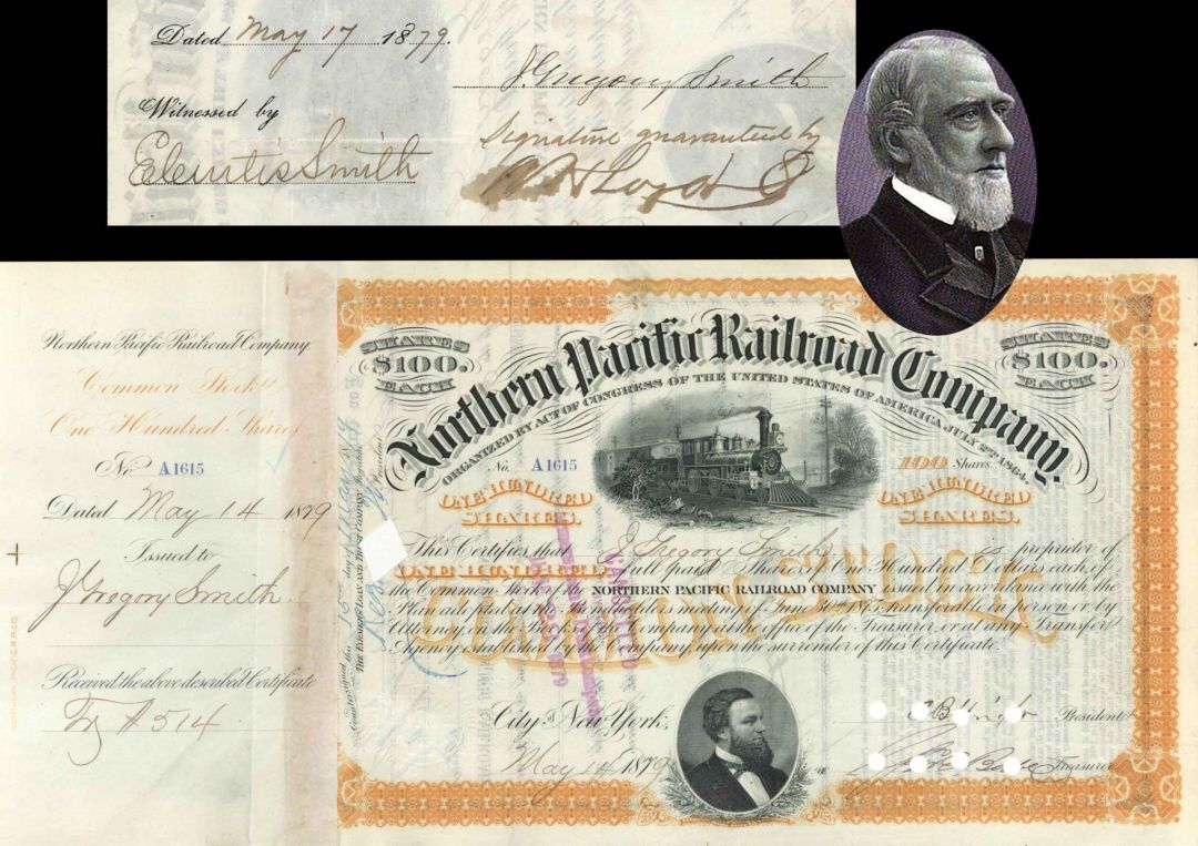 Northern Pacific Railroad Co. issued to and signed by J. Gregory Smith - 1879 dated Autographed Stock Certificate