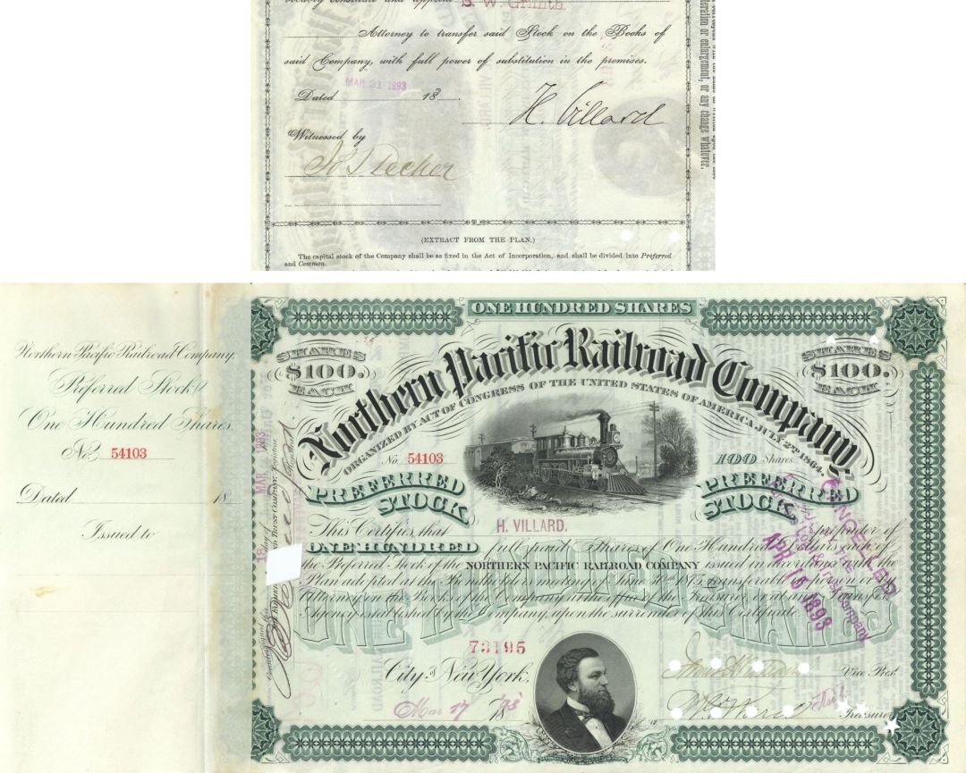 Northern Pacific Railroad Co. issued to and signed by Henry Villard - 1893 dated Autograph Railway Stock Certificate