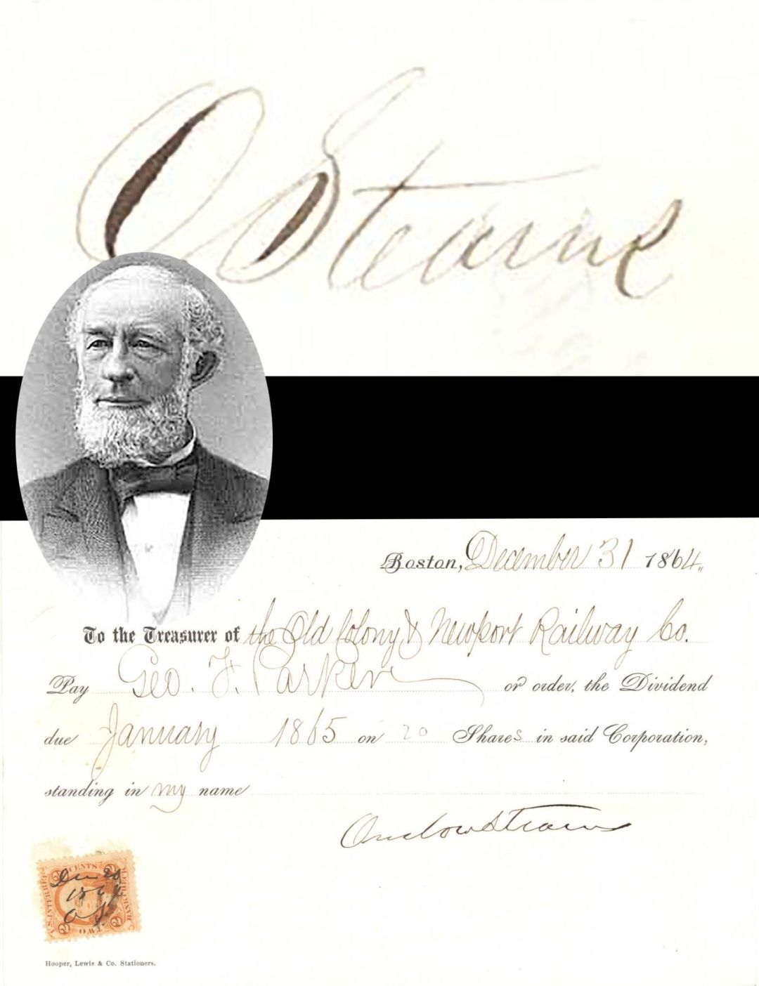 Payment of Dividends signed by Onslow Stearns - 1864 dated Autograph