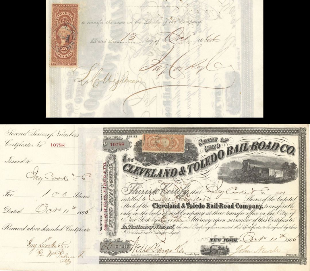 Cleveland and Toledo Rail-Road Co. issued to Jay Cooke and Co. - 1866 or 1868 dated Stock Certificate