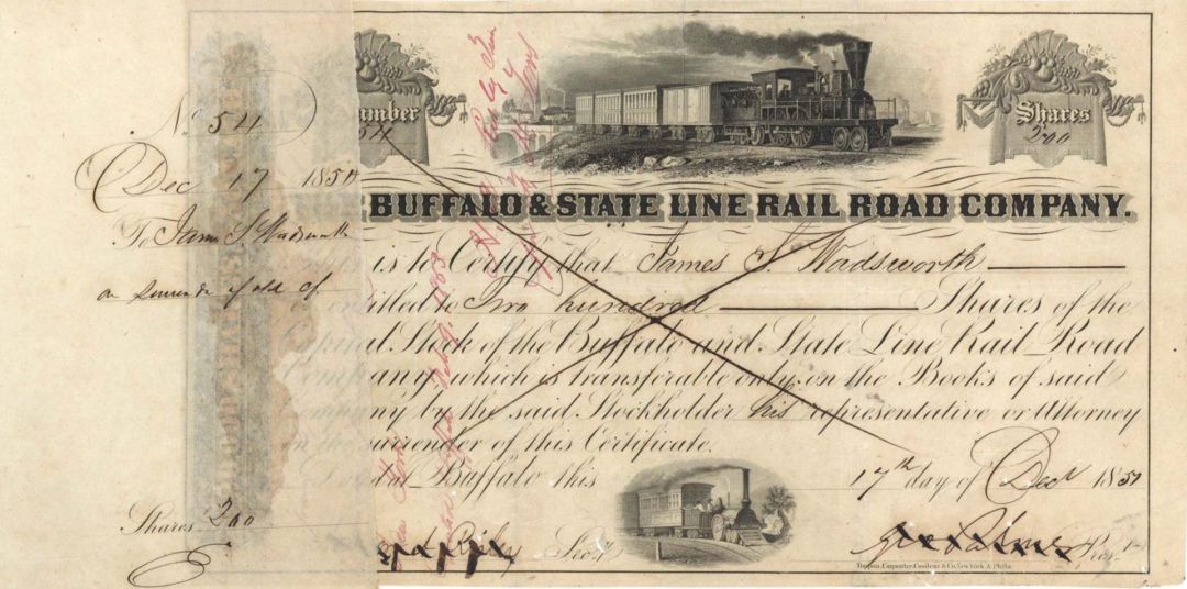 Buffalo and State Line Rail Road Co. Issued to James S. Wadsworth - 1851-1858 dated Stock Certificate
