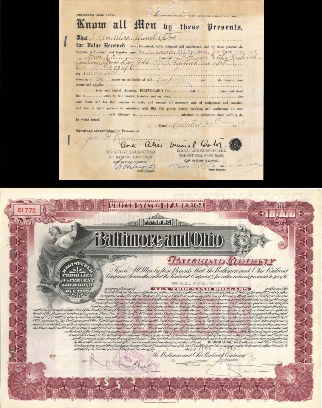 Baltimore and Ohio Railroad Co. Bond Transfer signed by Ana Alice Muriel Astor Plus 5 other Bonds - 1923 dated Autographed $10,000 Bond