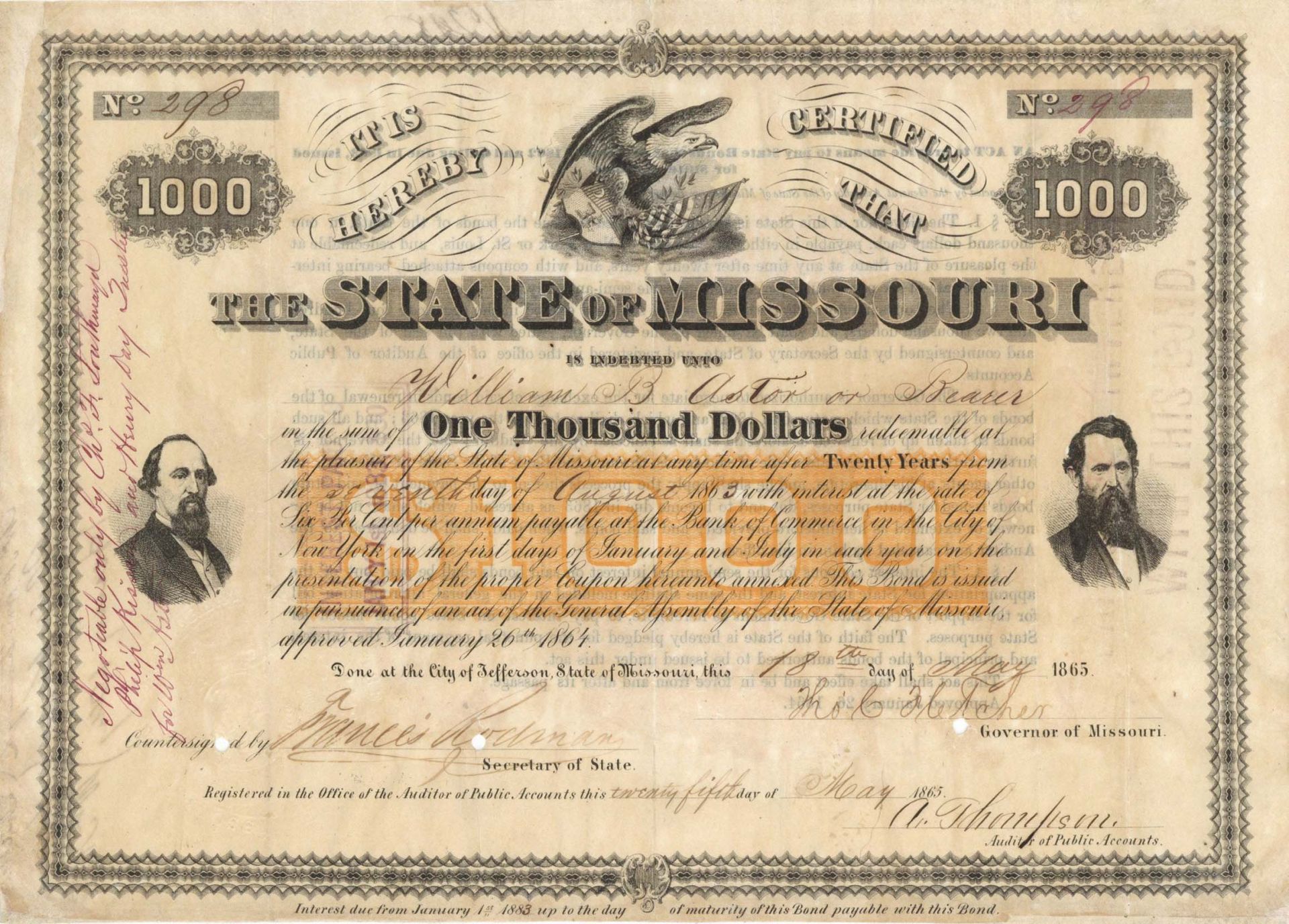 State of Missouri $1,000 Bond issued to William Backhouse Astor