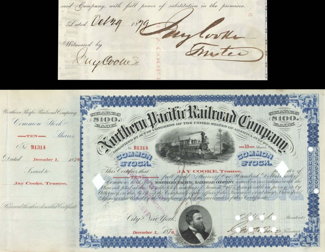 Northern Pacific Railroad Co. Sigend by Jay Cooke, Jr. and Jay Cooke Sr. - 1876 dated Autographed Stock Certificate