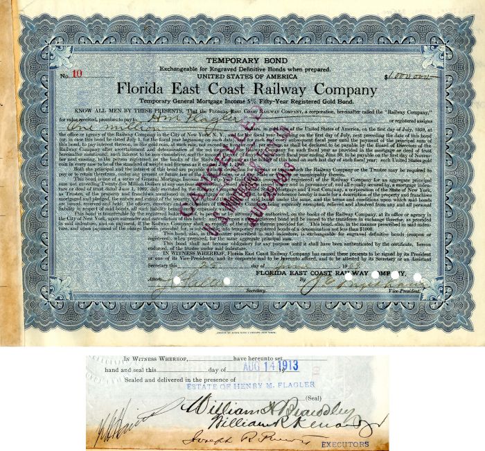 Florida East Coast Railway Co. Issued to Henry M. Flagler - $1,000,000 Bond