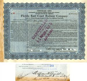 Florida East Coast Railway Co. Issued to Henry M. Flagler - 1909 dated $1,000,000 Railroad Bond