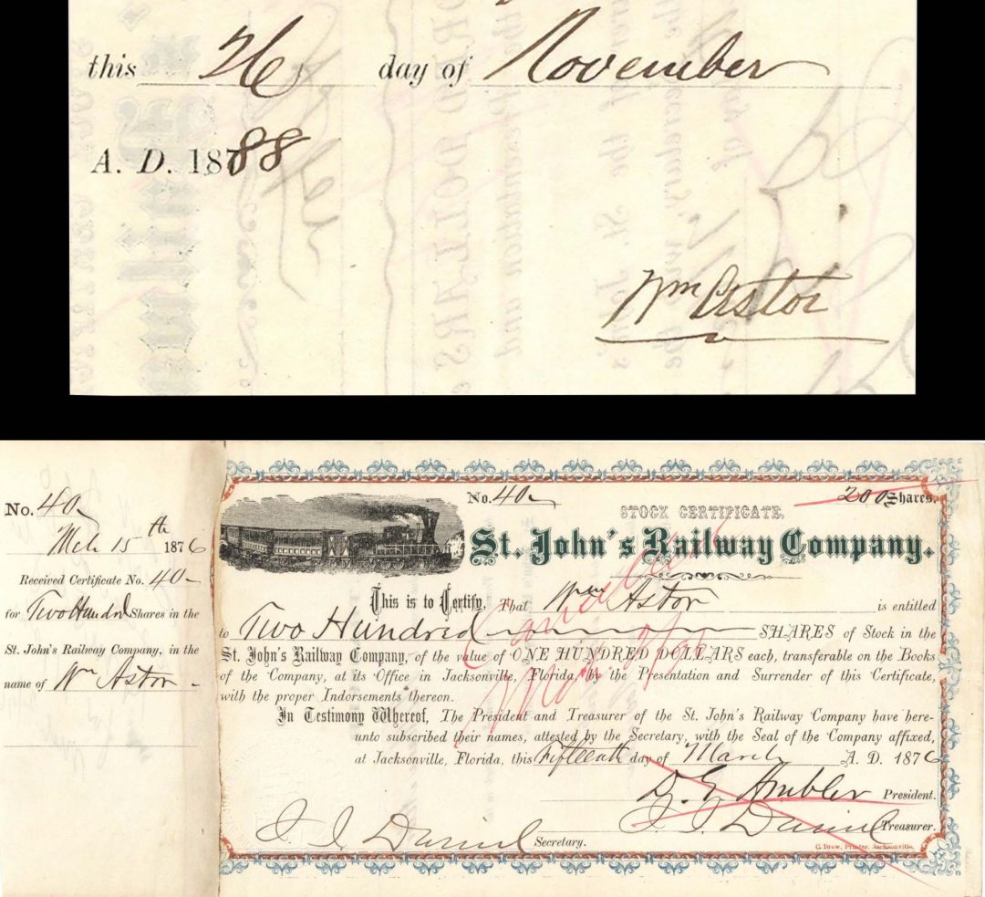 St. John's Railway Co. Issued to and signed by William Astor - 1876 dated Autographed Stock Certificate