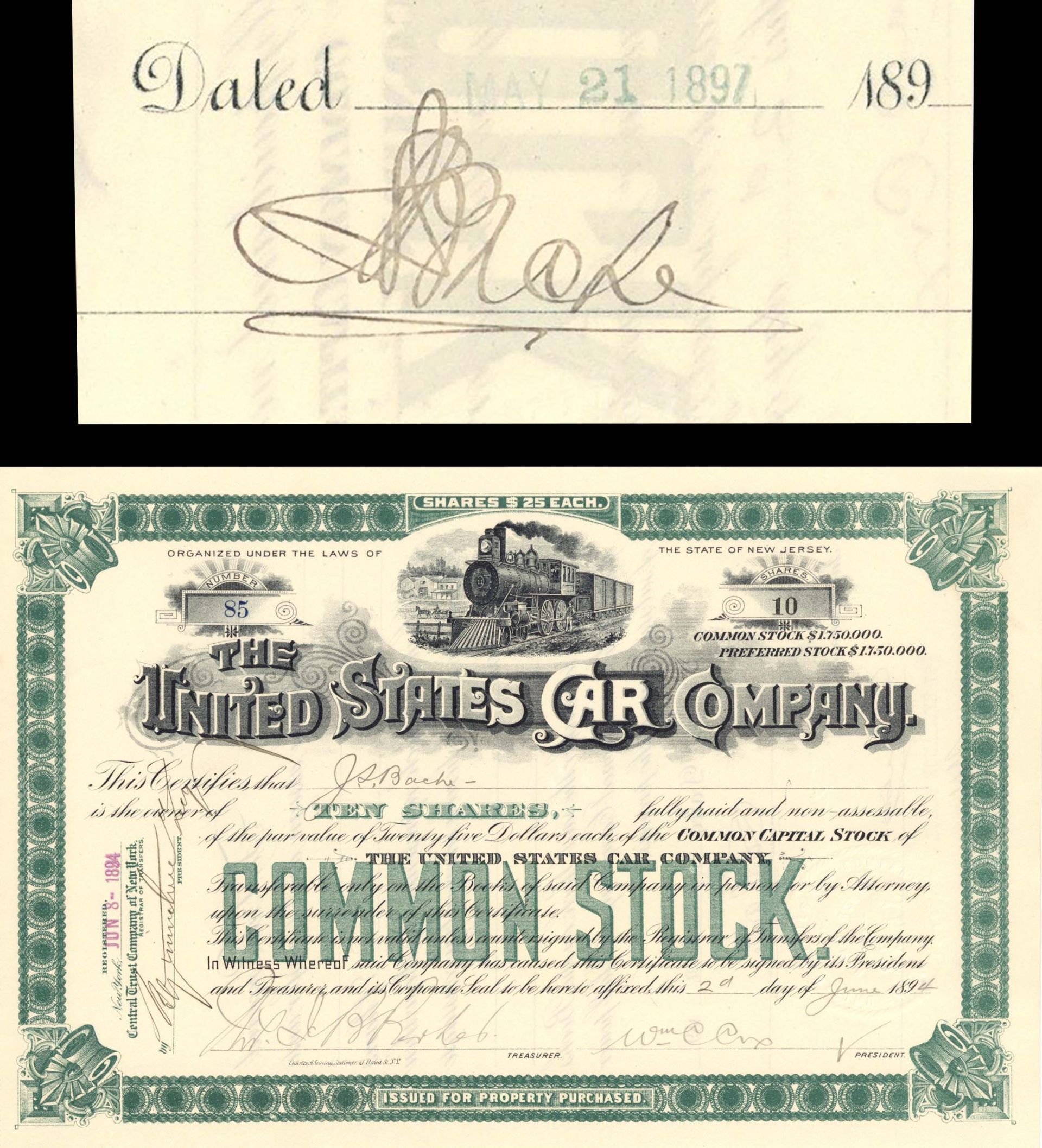 United States Car Co. issued to and signed by J.S. Bache