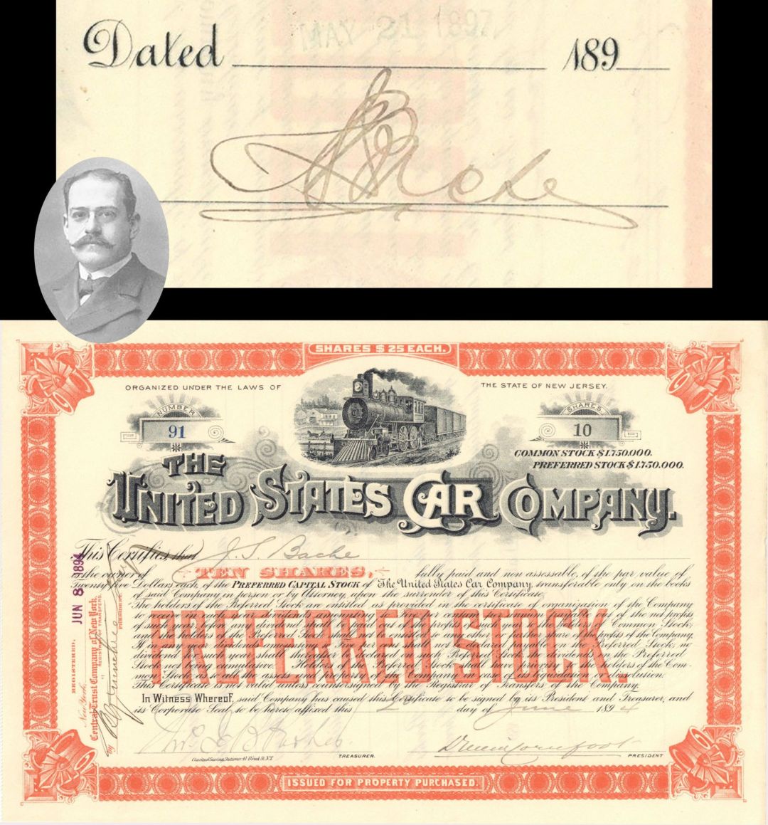 United States Car Co. issued to and signed by J.S. Bache - 1894 dated Autographed Stock Certificate