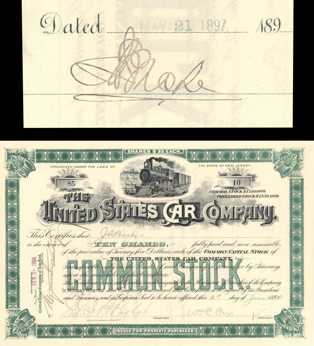 United States Car Co. issued to and signed by J.S. Bache - 1894 dated Autographed Stock Certificate