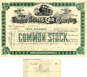 United States Car Co. issued to and signed by J.S. Bache