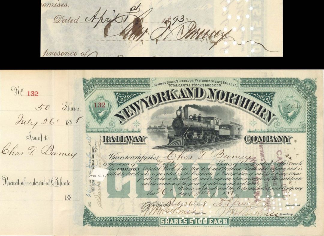 New York and Northern Railway Co. signed by Chas. T. Barney - 1888 dated Autographed Stock Certificate
