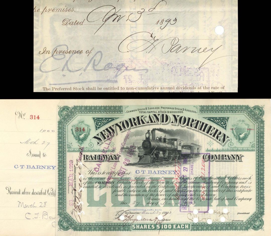 New York and Northern Railway Co. signed by C.T. Barney - 1893 dated Autographed Stock Certificate