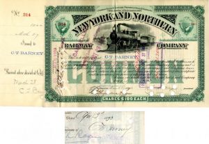 New York and Northern Railway Co. signed by C.T. Barney