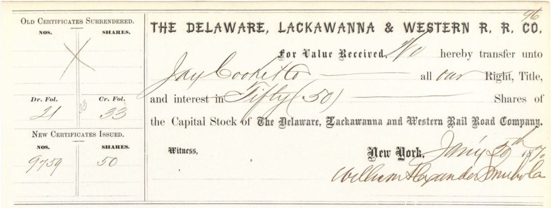Delaware, Lackawanna and Western R.R. Co. issued to Jay Cooke and Co. - 1870 dated Transfer Receipt
