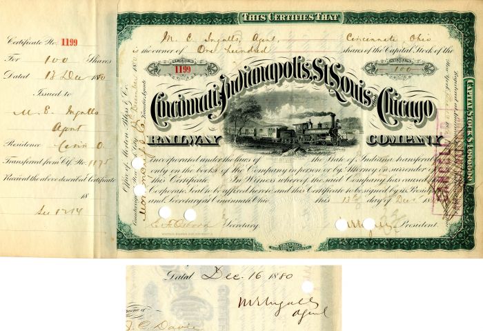 Cincinnati, Indianapolis, St. Louis & Chicago Railway Co. issued to/signed by M.E. Ingalls - Railroad Stock Certificate