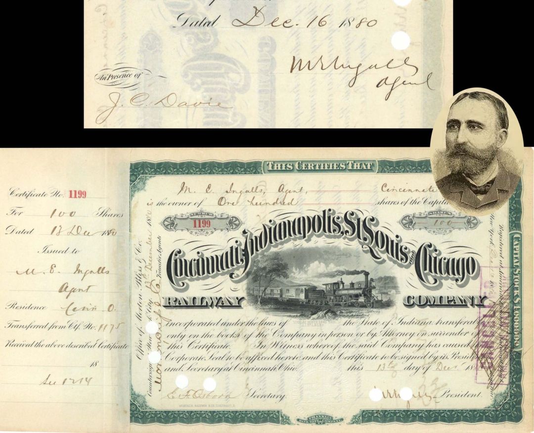 Cincinnati, Indianapolis, St. Louis and Chicago Railway Co. issued to and signed by M.E. Ingalls - 1880 dated Autographed Railroad Stock Certificate