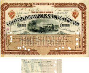 Cincinnati, Indianapolis, St. Louis and Chicago Railway Co. issued to/signed by M.E. Ingalls - Railroad Stock Certificate