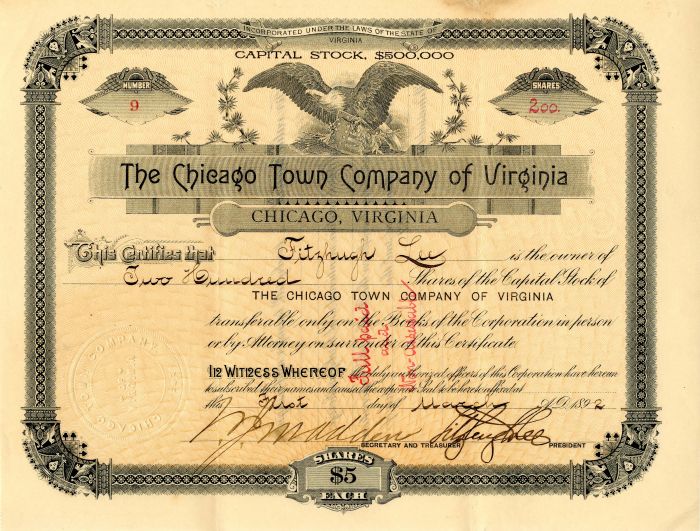 Chicago Town Company of Virginia signed by General Fitzhugh Lee