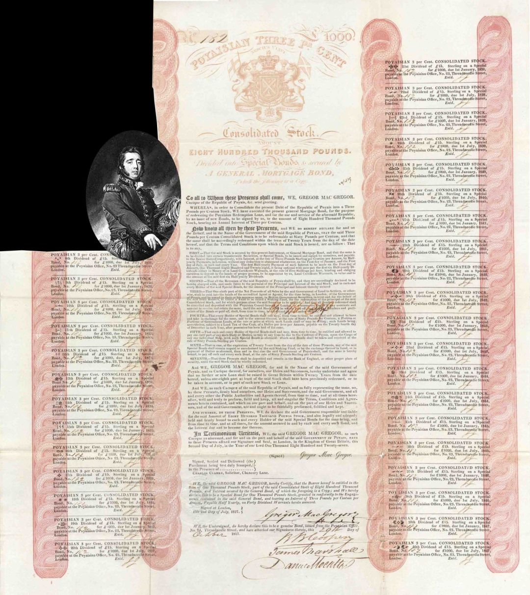 Poyaisian Bond signed by Gregor MacGregor - 1827 dated Fraudulent £1,000 Bond - Great History