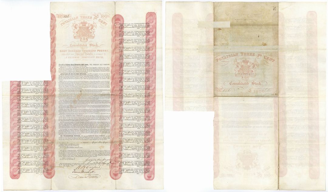 Poyaisian Bond signed by Gregor MacGregor - 1827 dated Fraudulent £1,000 Bond - Great History