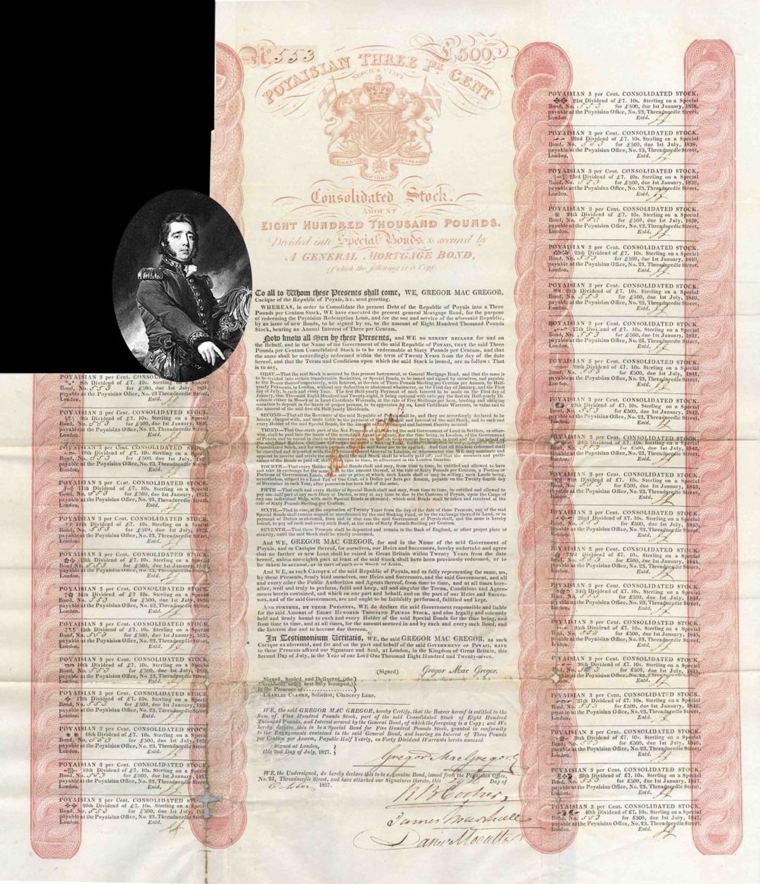 Poyaisian Bond signed by Gregor Mac Gregor - 1827 dated Fraudulent £500 Bond - Great History