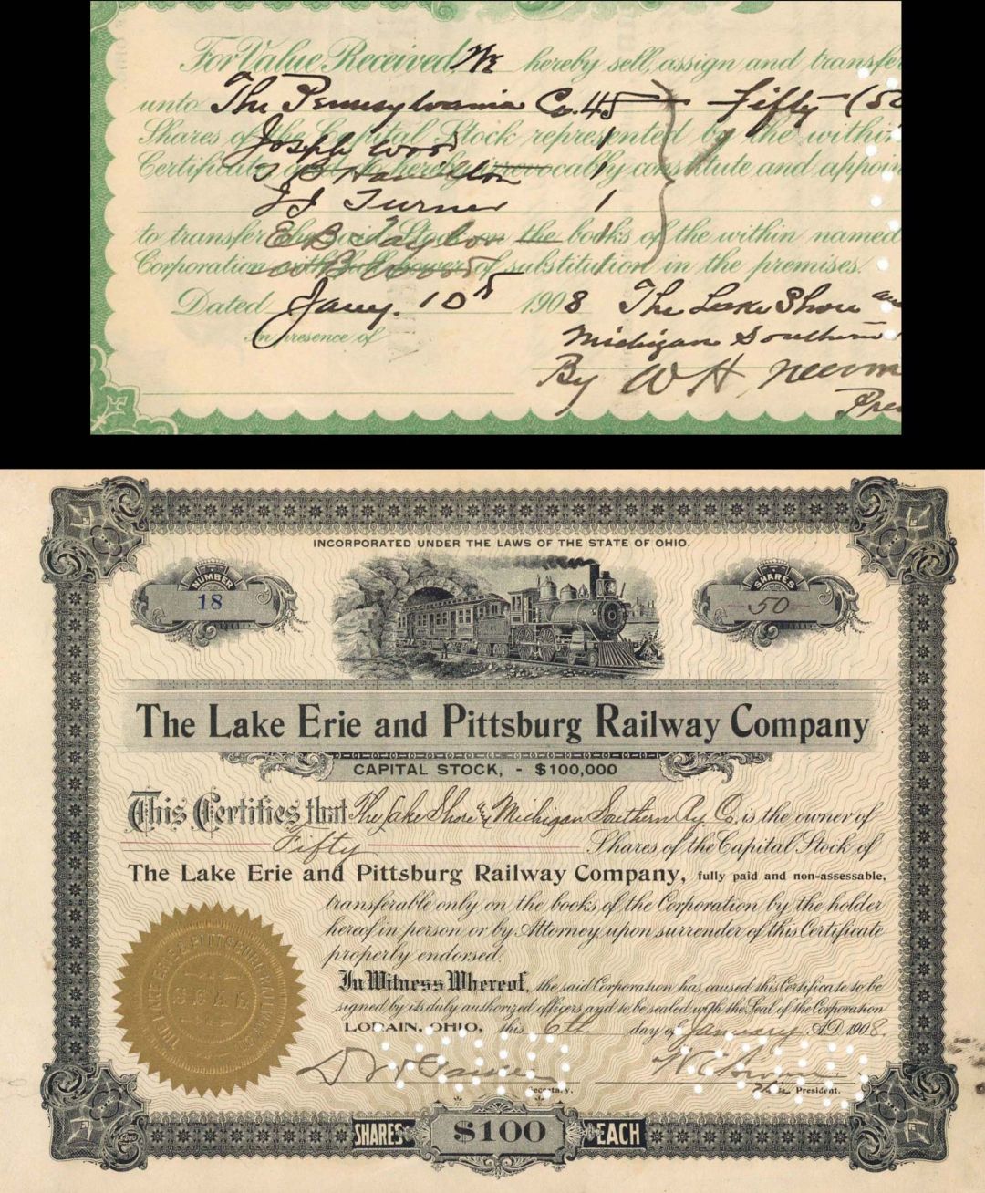 Lake Erie and Pittsburg Railway Co. signed by W.H. Newman - 1908 dated Autographed Stock Certificate