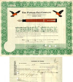 Parker Pen Co. issued to and signed by George Safford Parker - Autograph Stock Certificate