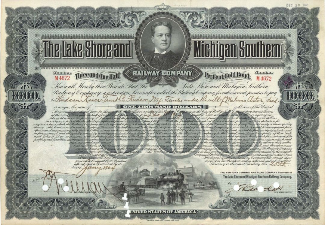 Lake Shore and Michigan Southern Railway Co. Issued to Malvina Astor - 1924 dated $1,000 Bond