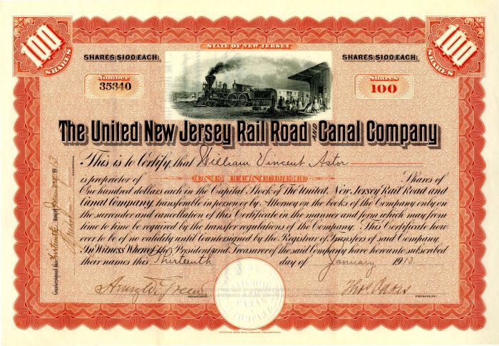 United New Jersey Railroad and Canal Co. issued to William Vincent Astor - Stock Certificate